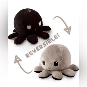 2 NWOT 4” TeeTurtle Reversible Octopus Plushie - Black + Gray & Aqua + dk blue